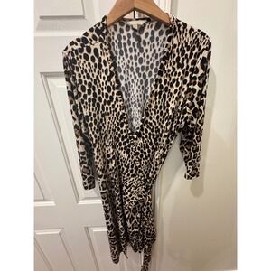 Banana Republic Leopard Print Wrap Dress Womens Large Tan Black 3/4 Sleeve V-Nec